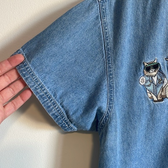 90s Cottage Cat Embroidered Cool Shirt Denim Granny Large Jean Blue Catlady - Picture 5 of 16